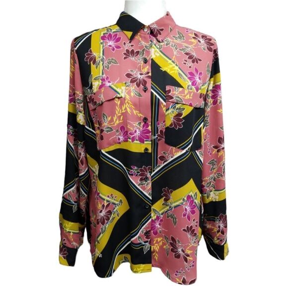 APT.9 Blouse Button Front Abstract Floral Pattern Rolltab Sleeves Medium - Picture 10 of 10